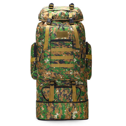 Black ECOTREK 100L hiking and camping backpack with multiple compartments, adjustable straps, and sturdy outdoor travel design.