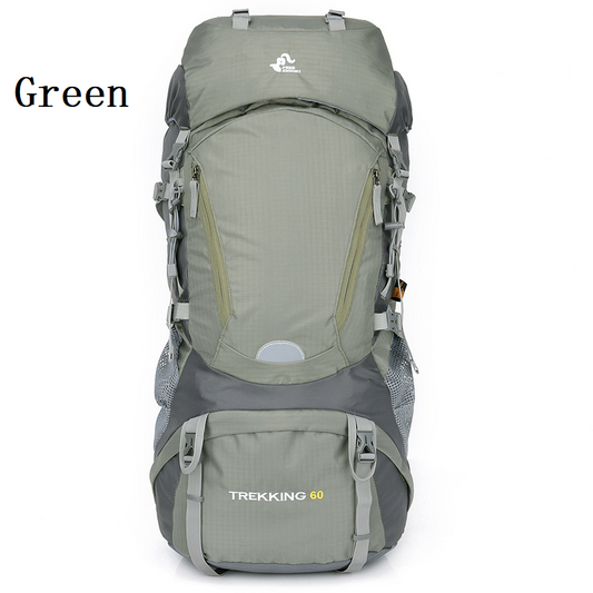 Black ECOTREK 60L camping backpack with multiple compartments, adjustable straps, ideal for hiking, climbing, and mountaineering.
