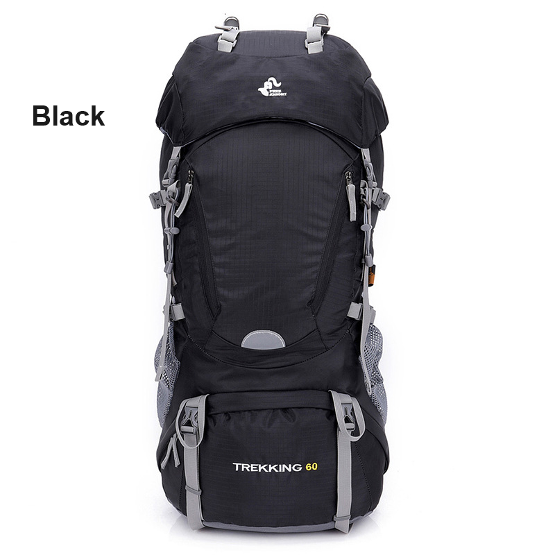 Black ECOTREK 60L camping backpack with multiple straps, pockets, and padded shoulder straps, ideal for hiking, climbing, and mountaineering.