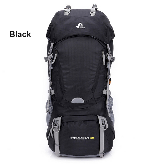 Black ECOTREK 60L camping backpack with multiple straps, pockets, and padded shoulder straps, ideal for hiking, climbing, and mountaineering.