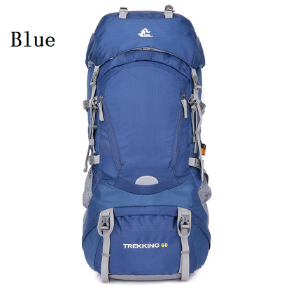 Black ECOTREK 60L camping backpack with multiple compartments, designed for hiking, climbing, and mountaineering adventures.