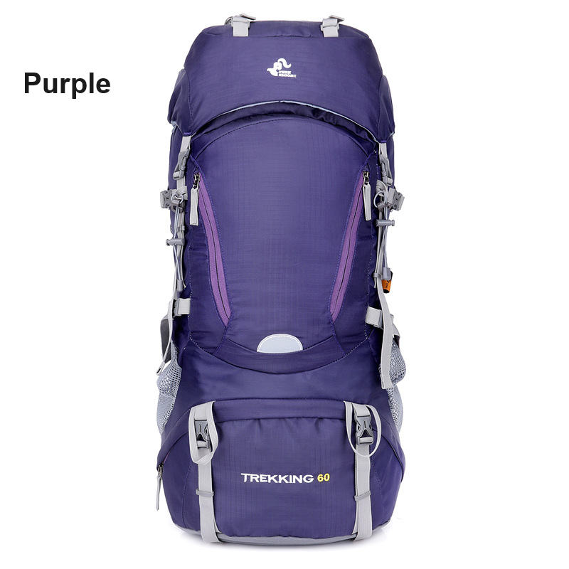 Black ECOTREK 60L camping backpack with multiple compartments, padded straps, ideal for hiking, climbing, and mountaineering adventures.