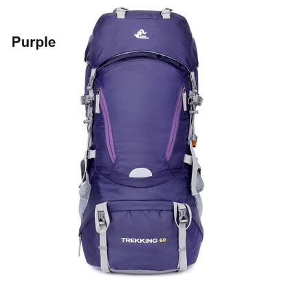Black ECOTREK 60L camping backpack with multiple compartments, padded straps, ideal for hiking, climbing, and mountaineering adventures.