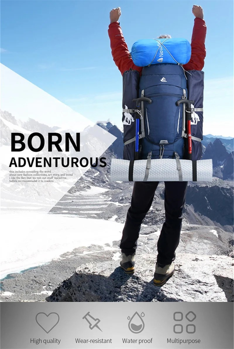 Black ECOTREK 60L camping backpack with multiple compartments, ideal for hiking, climbing, and mountaineering adventures.