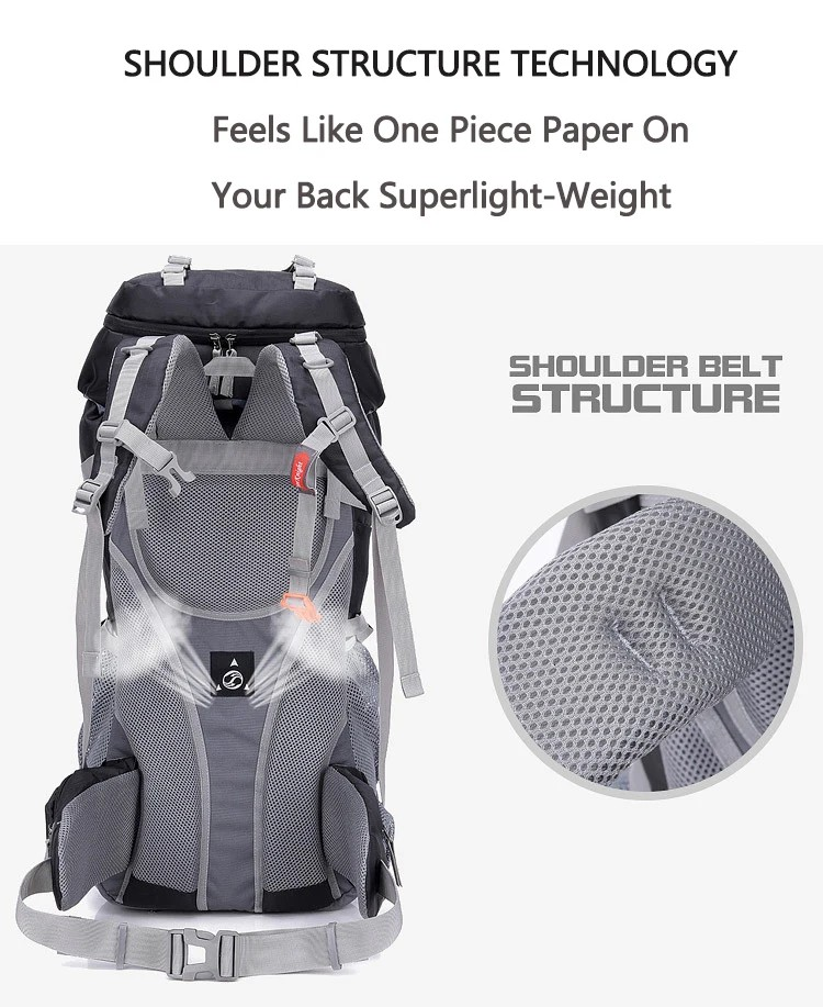 Black ECOTREK 60L camping backpack designed for hiking, climbing, and mountaineering with adjustable straps and multiple compartments.
