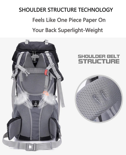 Black ECOTREK 60L camping backpack designed for hiking, climbing, and mountaineering with adjustable straps and multiple compartments.