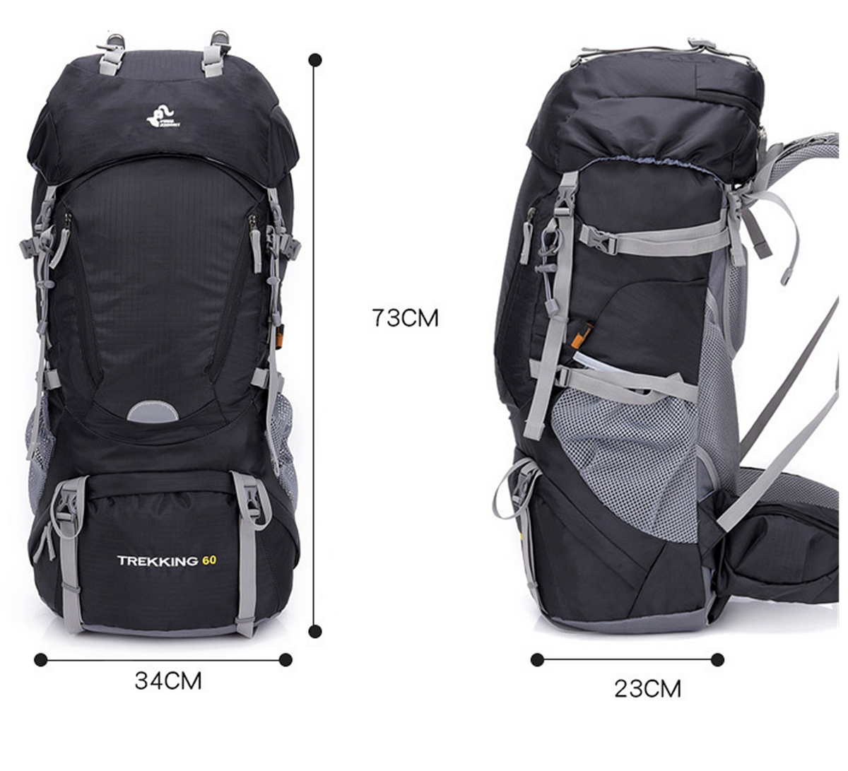 Black ECOTREK 60L camping backpack with multiple compartments, suitable for hiking, climbing, and mountaineering adventures.