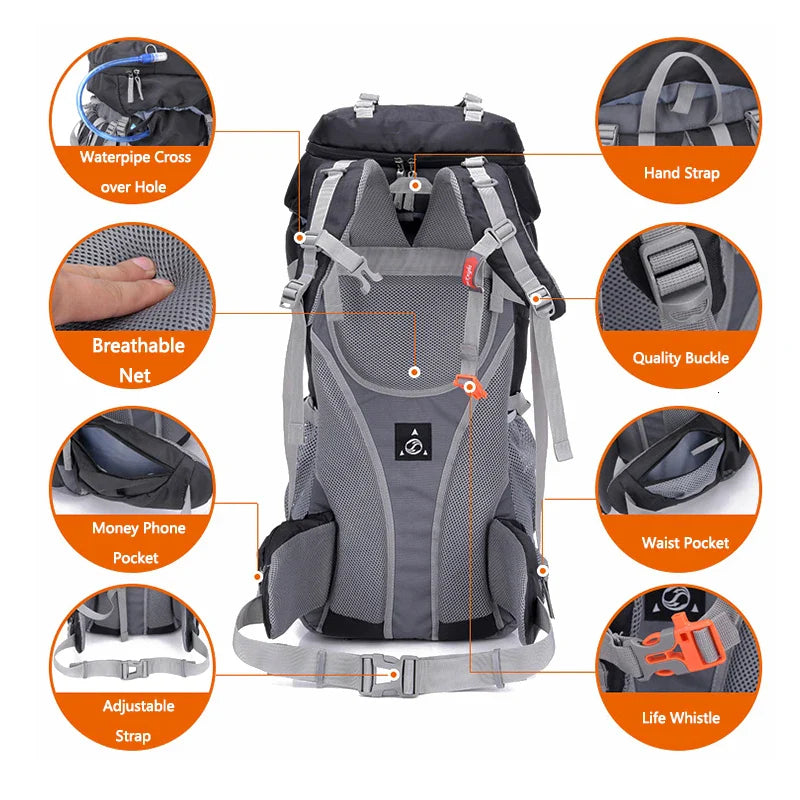 Black ECOTREK 60L camping backpack with multiple straps and compartments, ideal for hiking, climbing, and mountaineering adventures.