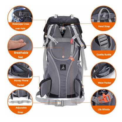 Black ECOTREK 60L camping backpack with multiple straps and compartments, ideal for hiking, climbing, and mountaineering adventures.