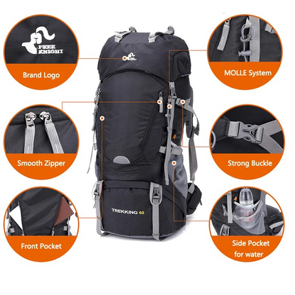Black ECOTREK 60L camping backpack with multiple compartments, adjustable straps, and padded back for hiking, climbing, and mountaineering.