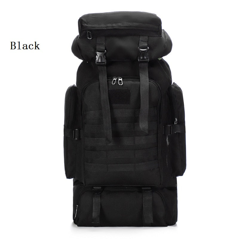 Black ECOTREK 80L hiking and camping backpack, waterproof and durable, designed for outdoor adventures and outdoor gear storage.