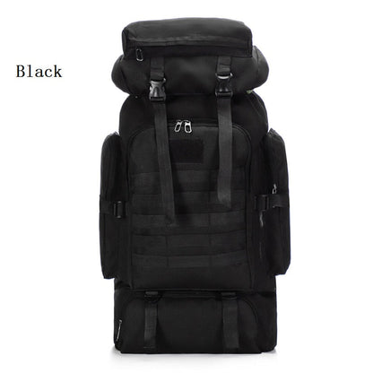 Black ECOTREK 80L hiking and camping backpack, waterproof and durable, designed for outdoor adventures and outdoor gear storage.
