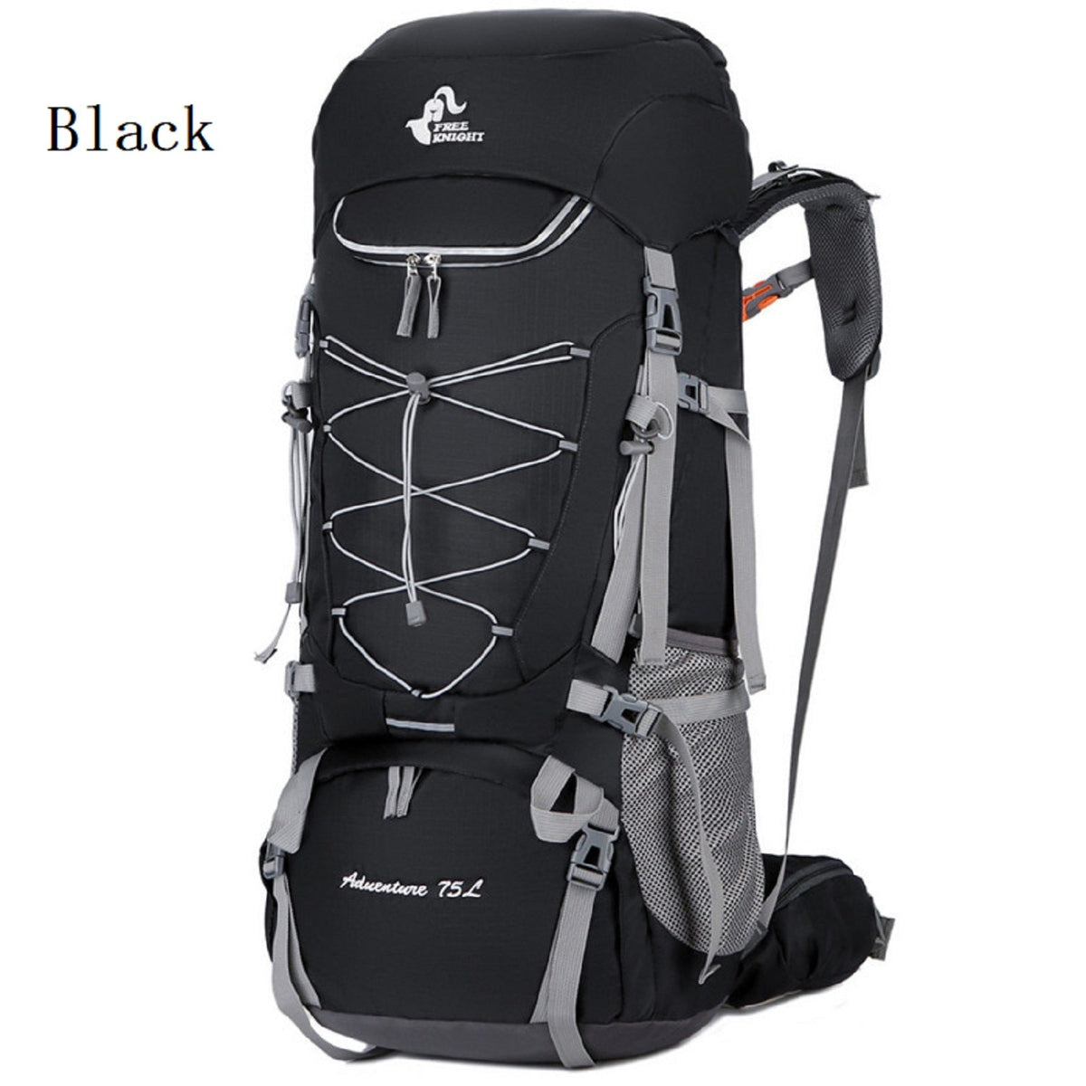 Blue ECOTREK 75L camping and hiking backpack with rain cover, designed for outdoor travel and mountaineering adventures.