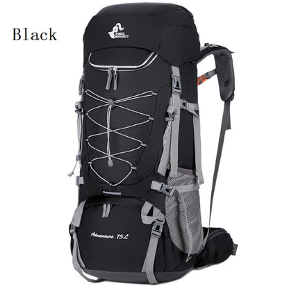 Blue ECOTREK 75L camping and hiking backpack with rain cover, designed for outdoor travel and mountaineering adventures.