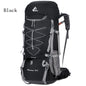 Blue ECOTREK 75L camping and hiking backpack with rain cover, designed for outdoor travel and mountaineering adventures.