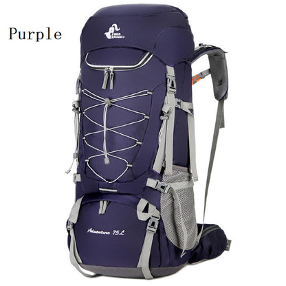 Blue ECOTREK 75L camping and hiking backpack with rain cover, ideal for outdoor travel and mountaineering adventures.