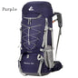 Blue ECOTREK 75L camping and hiking backpack with rain cover, ideal for outdoor travel and mountaineering adventures.