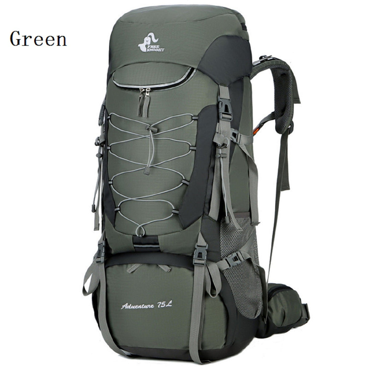 Blue ECOTREK 75L camping and hiking backpack with rain cover, outdoor travel mountaineering pack with adjustable straps and multiple compartments.