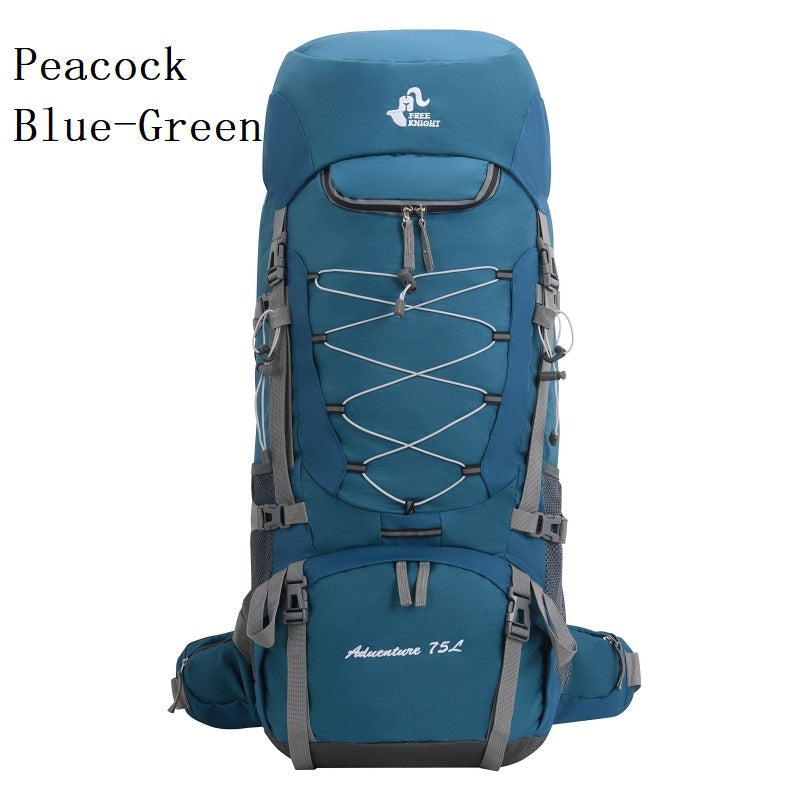 Blue ECOTREK 75L camping and hiking backpack with rain cover, outdoor travel mountaineering pack for camping and trekking trips.