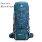 Blue ECOTREK 75L camping and hiking backpack with rain cover, outdoor travel mountaineering pack for camping and trekking trips.