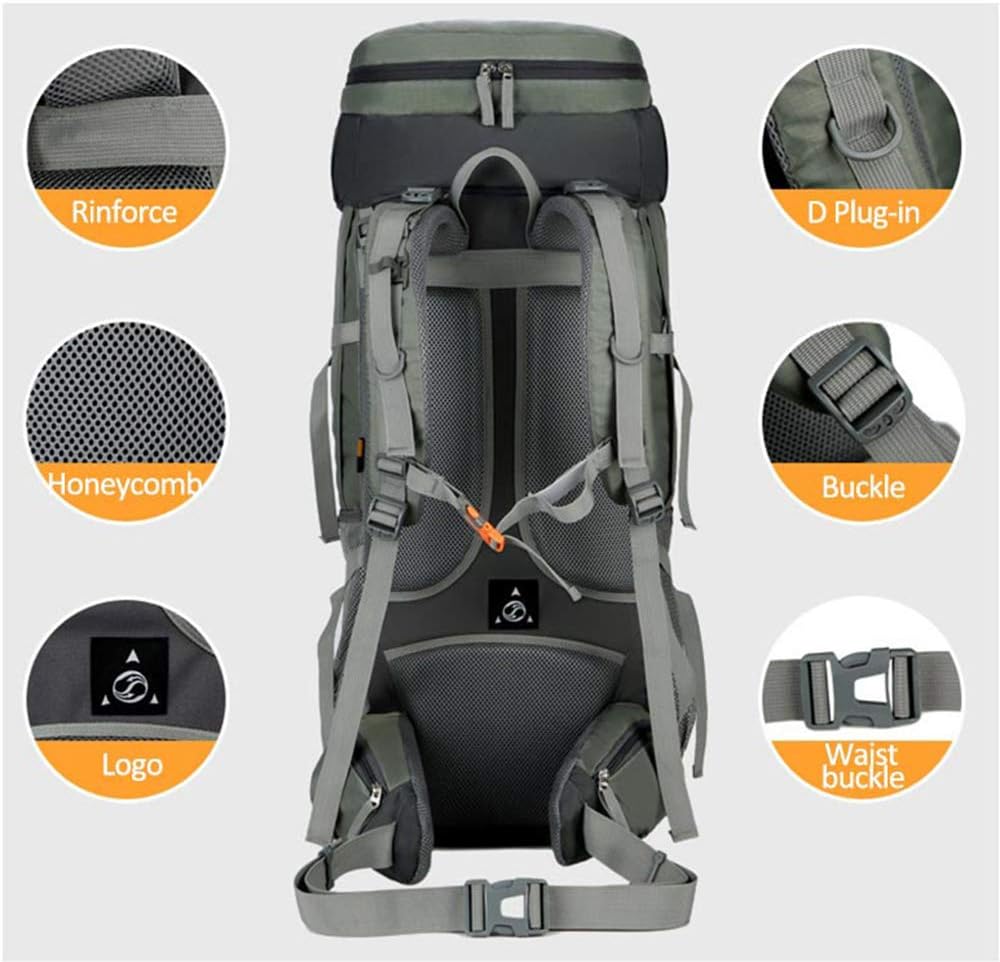 Blue ECOTREK 75L camping and hiking backpack with rain cover, suitable for outdoor travel and mountaineering adventures.