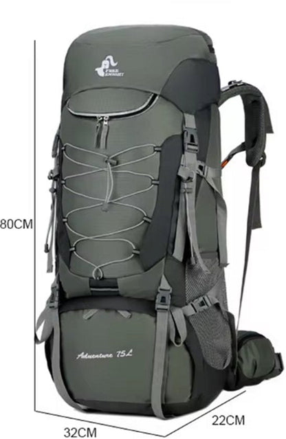 Blue ECOTREK 75L camping and hiking backpack with rain cover, designed for outdoor travel and mountaineering adventures.