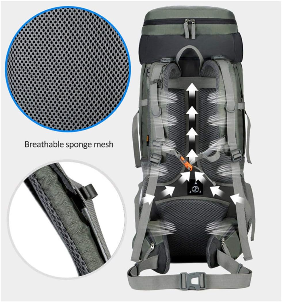 Blue ECOTREK 75L camping and hiking backpack with rain cover, outdoor travel mountaineering pack for outdoor adventures.