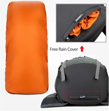 Blue ECOTREK 75L camping and hiking backpack with rain cover, outdoor travel mountaineering pack for outdoor adventures
