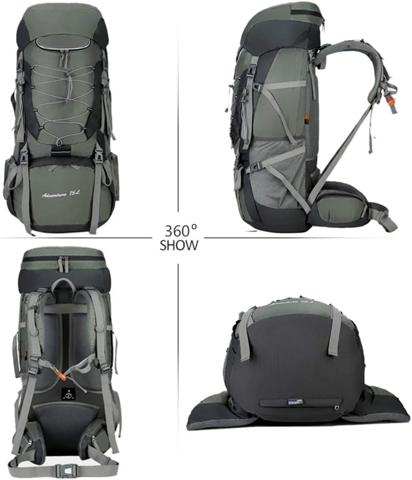 Blue ECOTREK 75L camping and hiking backpack with rain cover, designed for outdoor travel and mountaineering adventures.
