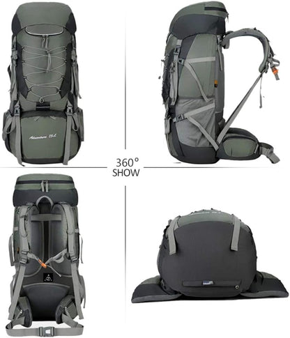 Blue ECOTREK 75L camping and hiking backpack with rain cover, designed for outdoor travel and mountaineering adventures.