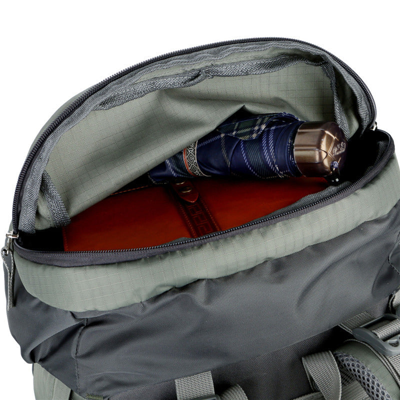 Blue ECOTREK 75L camping and hiking backpack with rain cover, designed for outdoor travel and mountaineering adventures.
