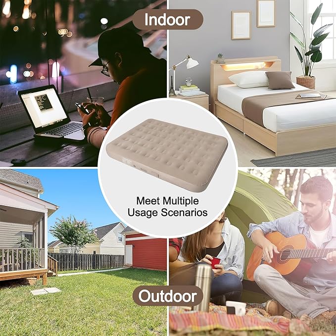 ECOTREK inflatable air mattress with built-in pump, 25cm high, queen size camping air bed, ideal for outdoor sleeping comfort