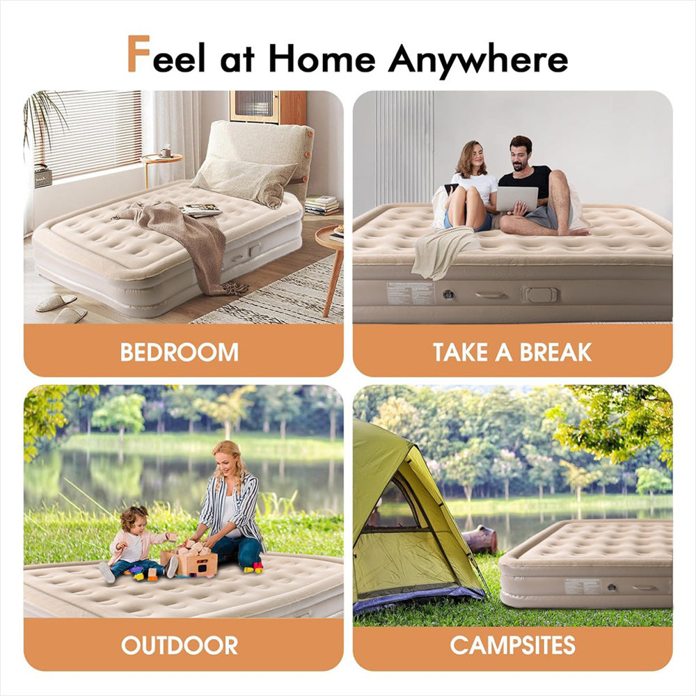 ECOTREK inflatable air mattress with built-in pump, 40cm high, for camping or guest use, available in single, queen, and king sizes.