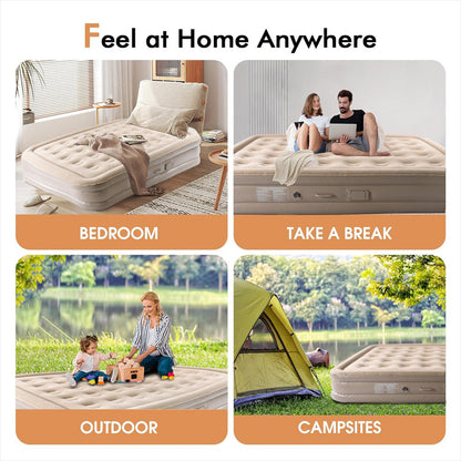 ECOTREK inflatable air mattress with built-in pump, 40cm high, for camping or guest use, available in single, queen, and king sizes.