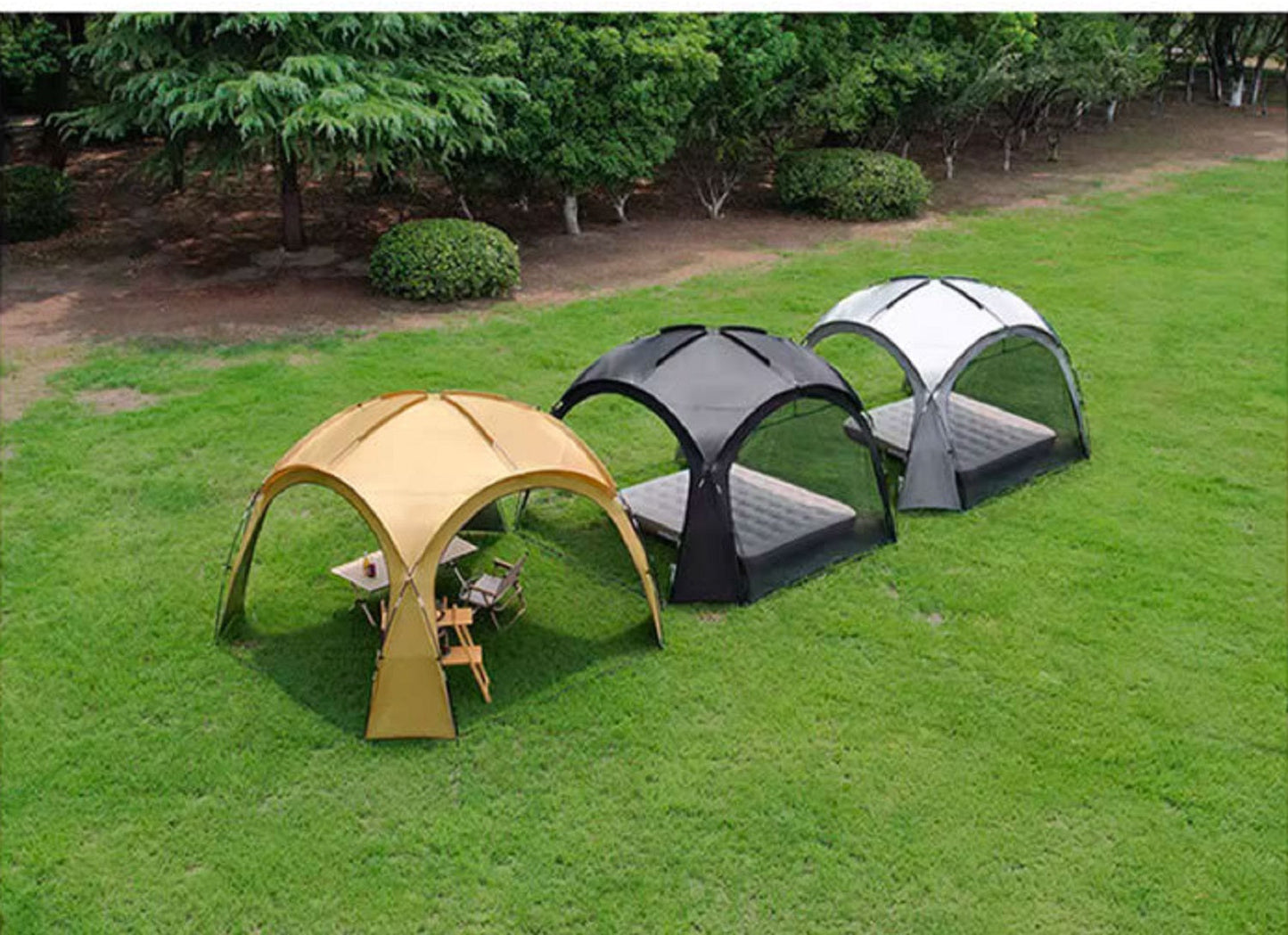 Beige ECOTREK party tent canopy with UPF50+ sun protection, measuring 320×320×205 cm, suitable for family outdoor gatherings.