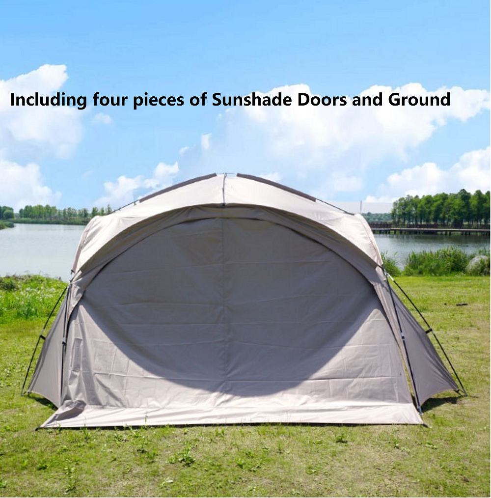 Beige ECOTREK party tent canopy with UPF50+ sun protection, measuring 320x320x205 cm, suitable for outdoor family gatherings.