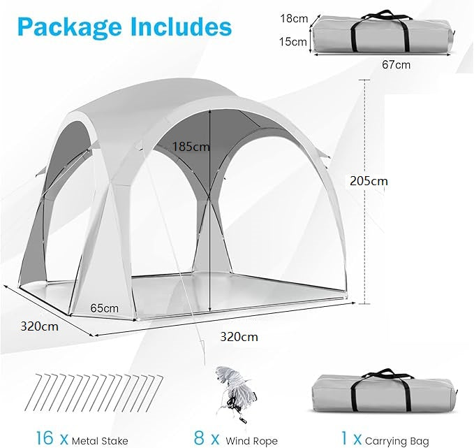 Beige ECOTREK party tent canopy with UPF50+ protection, measuring 320x320x205 cm, set up outdoors for family gatherings.