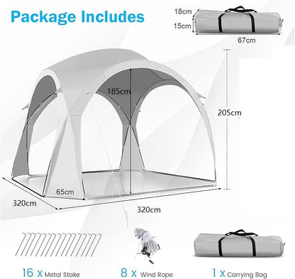 Beige ECOTREK party tent canopy with UPF50+ protection, measuring 320x320x205 cm, set up outdoors for family gatherings.
