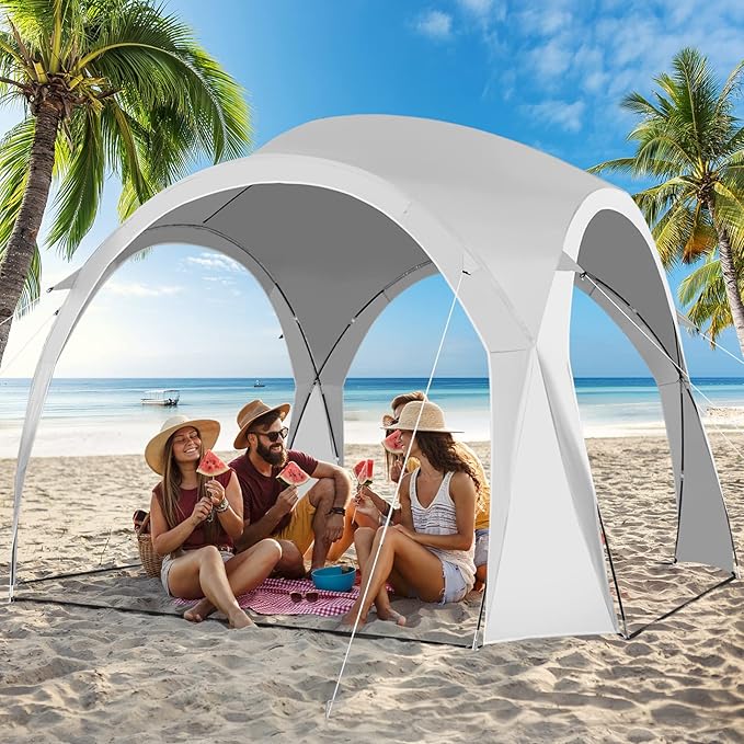 Beige ECOTREK party tent canopy with UPF50+ sun protection, measuring 320 x 320 x 205 cm, suitable for outdoor family gatherings.