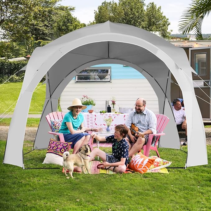 Beige ECOTREK party tent canopy with UPF50+ protection, measuring 320x320x205 cm, suitable for family gatherings.