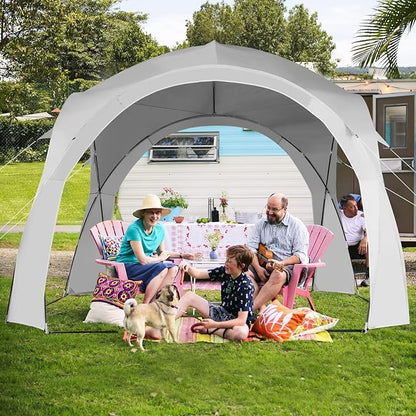 Beige ECOTREK party tent canopy with UPF50+ protection, measuring 320x320x205 cm, suitable for family gatherings.
