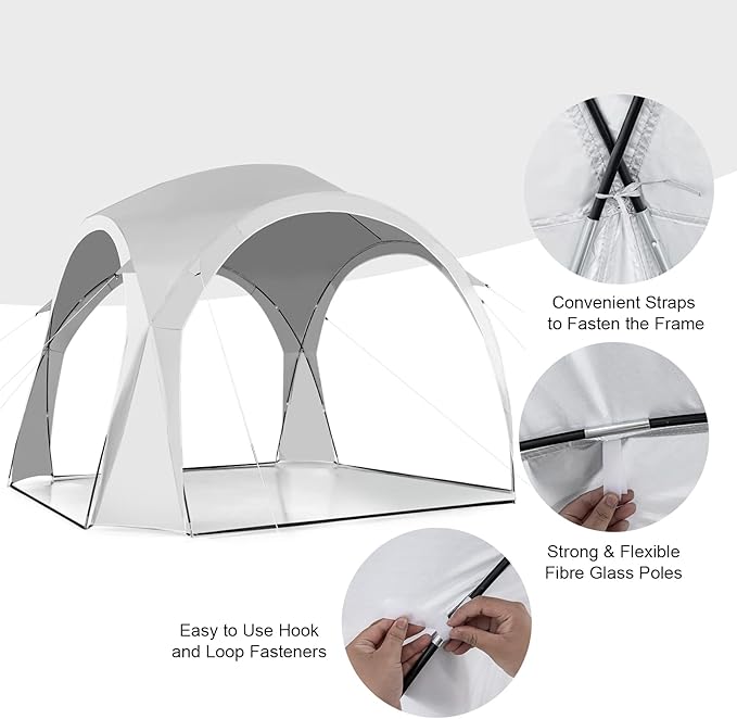 Beige ECOTREK party tent canopy with UPF50+ sun protection, measuring 320x320x205 cm, set up for outdoor family gatherings.