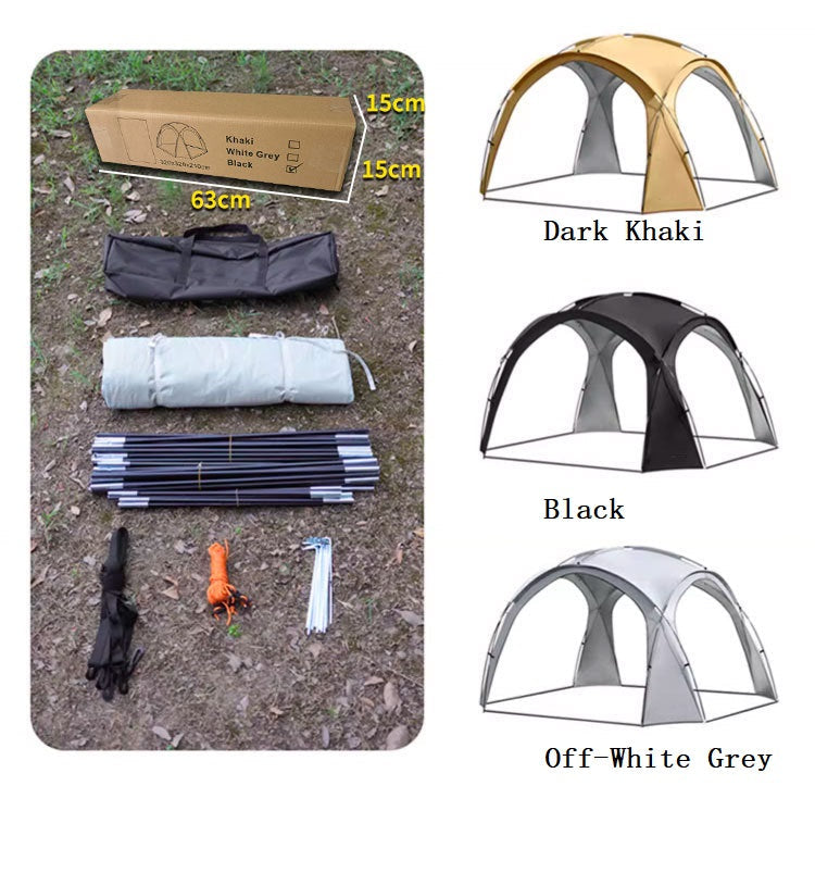 Beige ECOTREK party tent canopy with UPF50+ sun protection, 320x320x205 cm, set up for outdoor family gatherings.