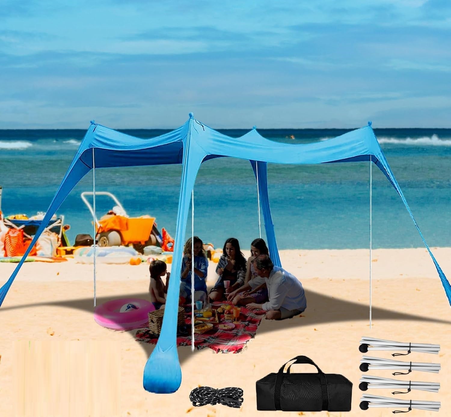 Green ECOTREK beach canopy with four aluminum poles, UPF 50+ sun shelter, large 300x300 cm portable shade for the beach