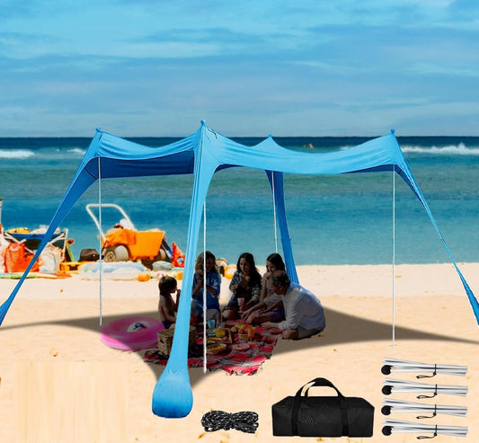 Green ECOTREK beach canopy with four aluminum poles, UPF 50+ sun shelter, large 300x300 cm portable shade for the beach