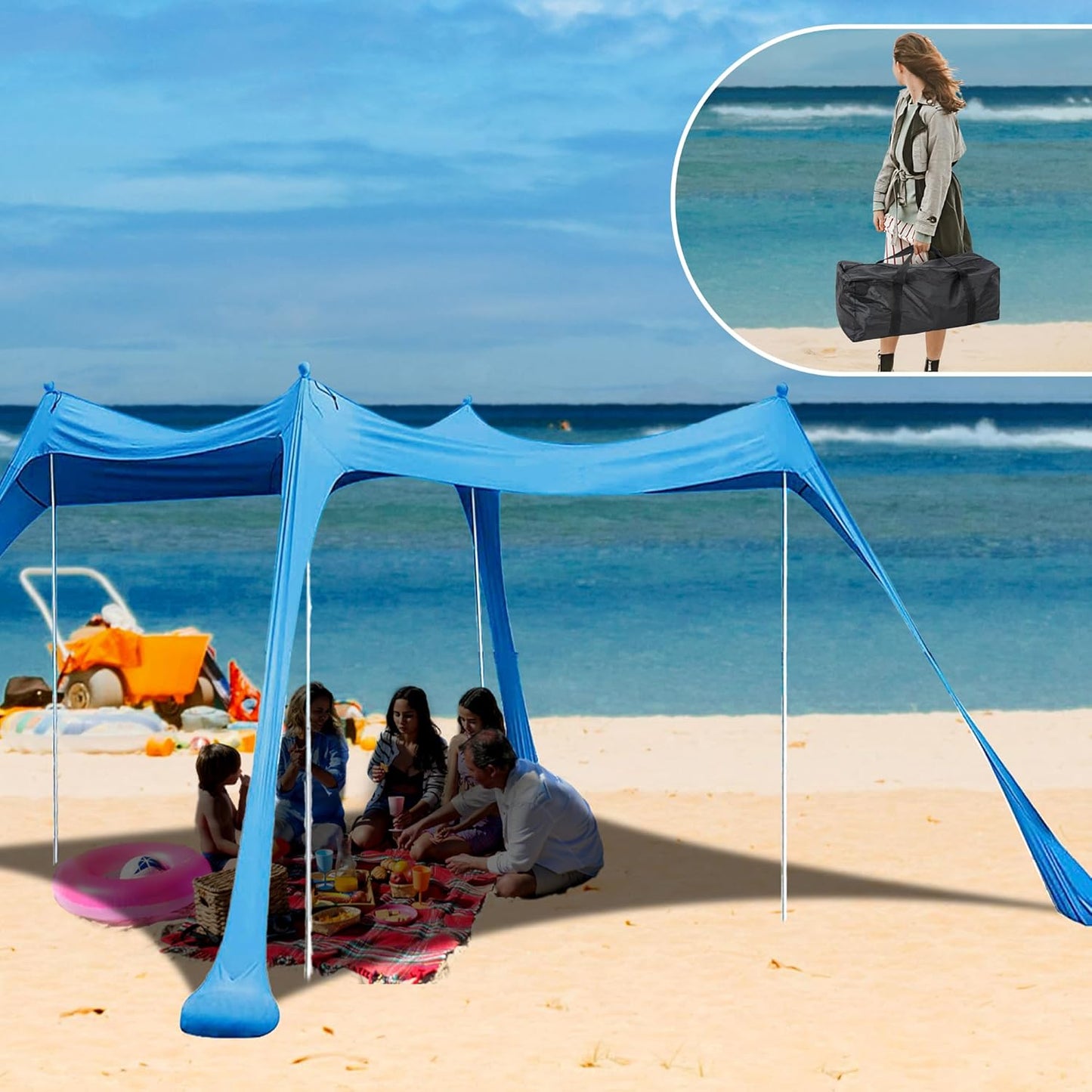 Green ECOTREK beach canopy with four aluminium poles, UPF 50+ sun shelter, 300x300 cm, portable and large outdoor shade.