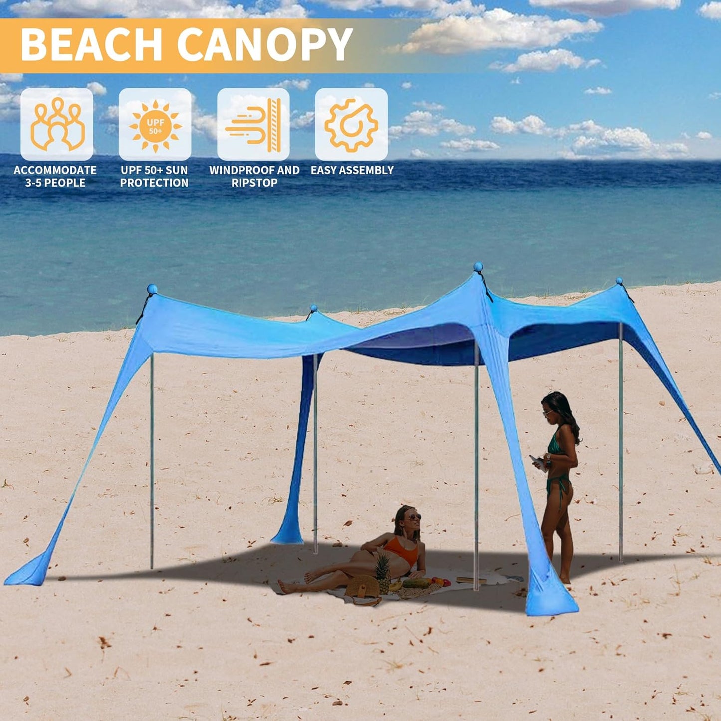 Green ECOTREK beach canopy with four aluminium poles, UPF 50+ sun shelter, measuring 300x300 cm, portable and large.