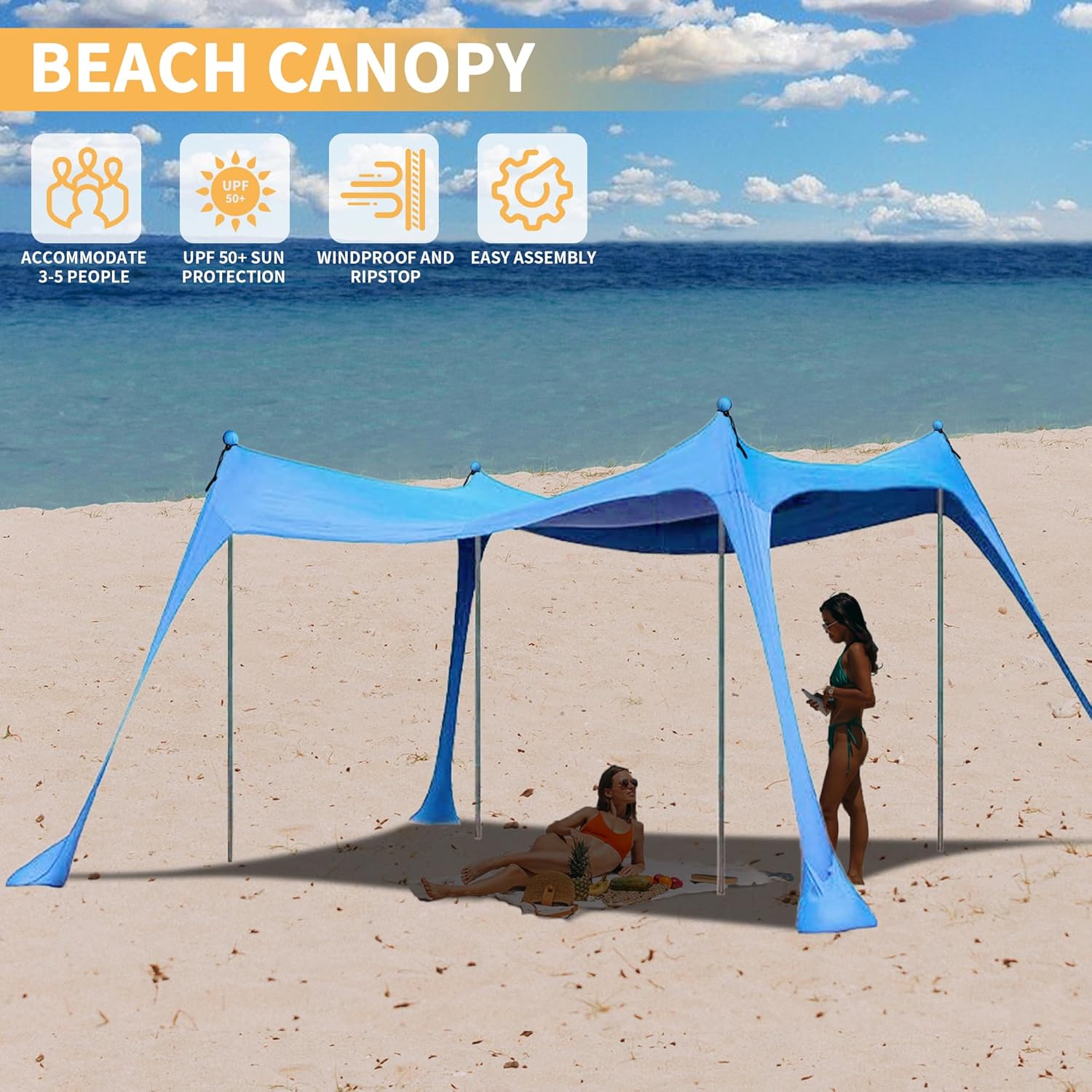 Green ECOTREK beach canopy with four aluminium poles, UPF 50+ sun shelter, measuring 300x300 cm, portable and large.