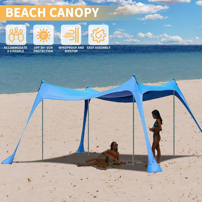 Green ECOTREK beach canopy with four aluminium poles, UPF 50+ sun shelter, measuring 300x300 cm, portable and large.