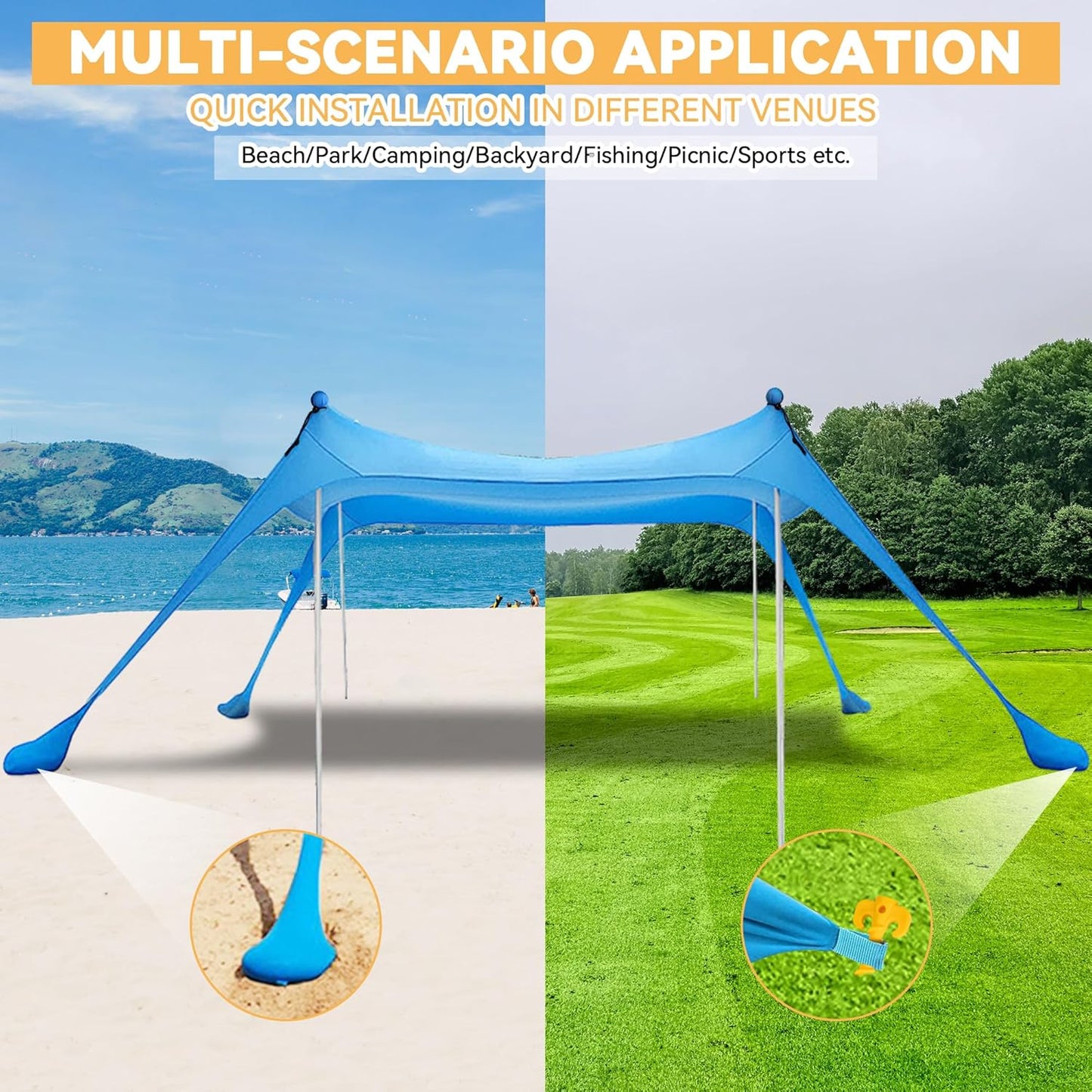 Green ECOTREK beach canopy with four aluminum poles, UPF 50+ large portable sun shelter, measuring 300×300 cm.